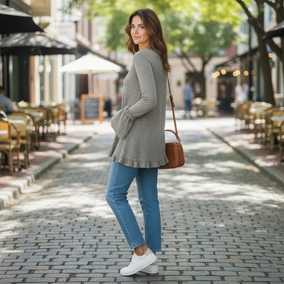 easel Tops - Easel Women’s Boho heathered ruffle sleeve/hem  sweater tunic Taupe Size Small